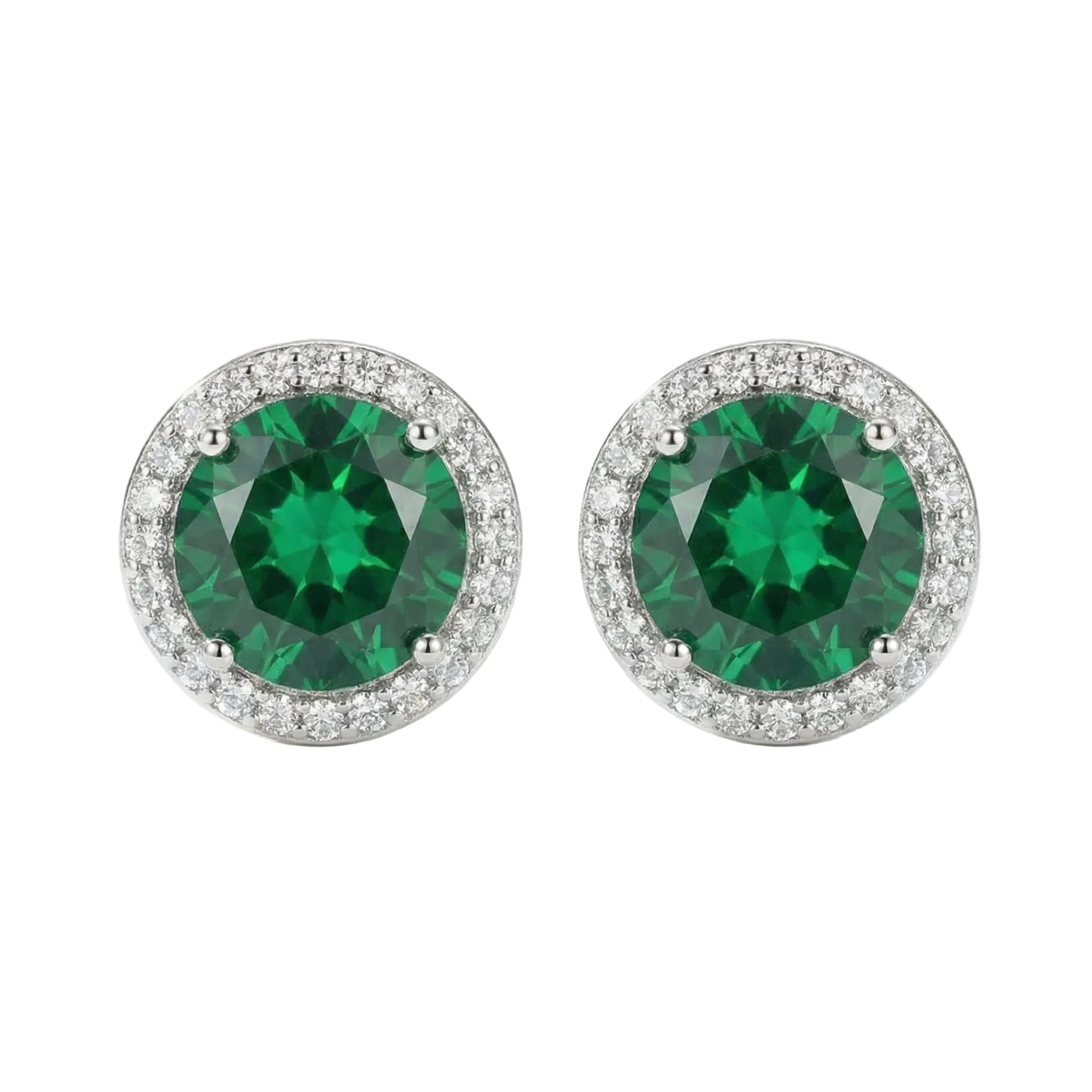 CLOUS D'OREILLES ÉMERAUDE RONDE HALO PAVÉ | ARGENT