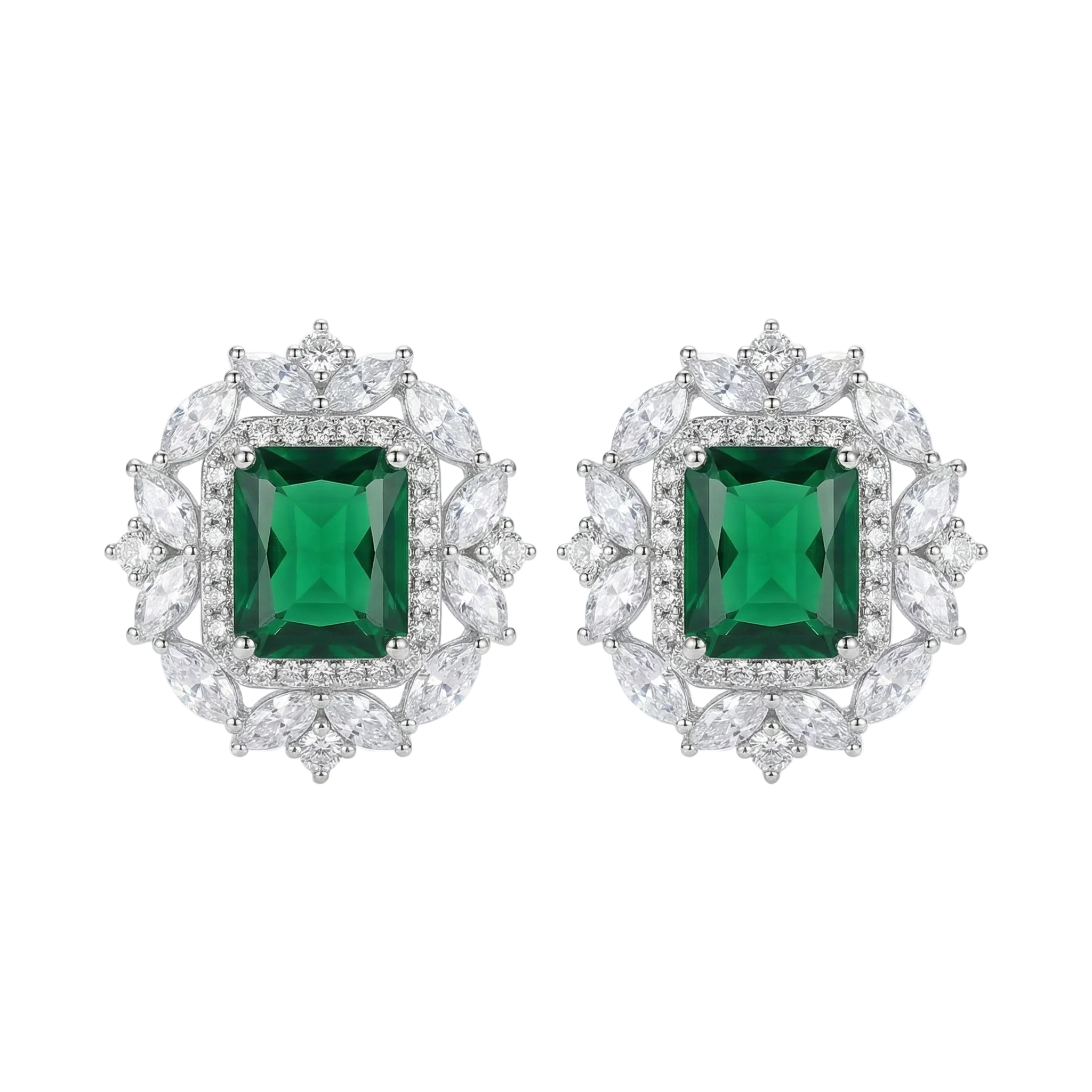 CLOUS D'OREILLES ÉMERAUDE RECTANGULAIRE HALO FLORAL MARQUISE PAVÉ | ARGENT