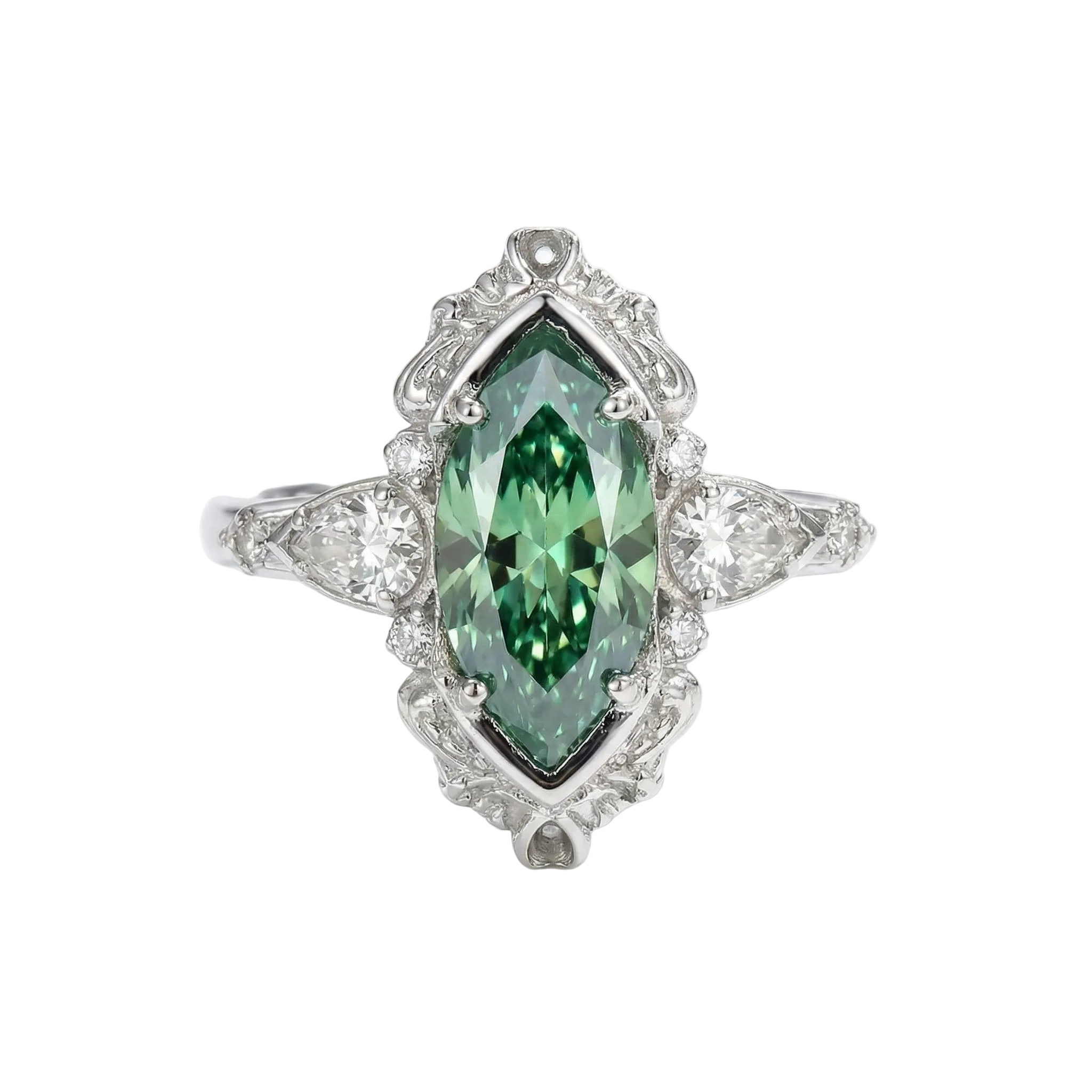 BAGUE COCKTAIL VINTAGE PIERRE MARQUISE VERTE HALO FILIGRANE | ARGENT
