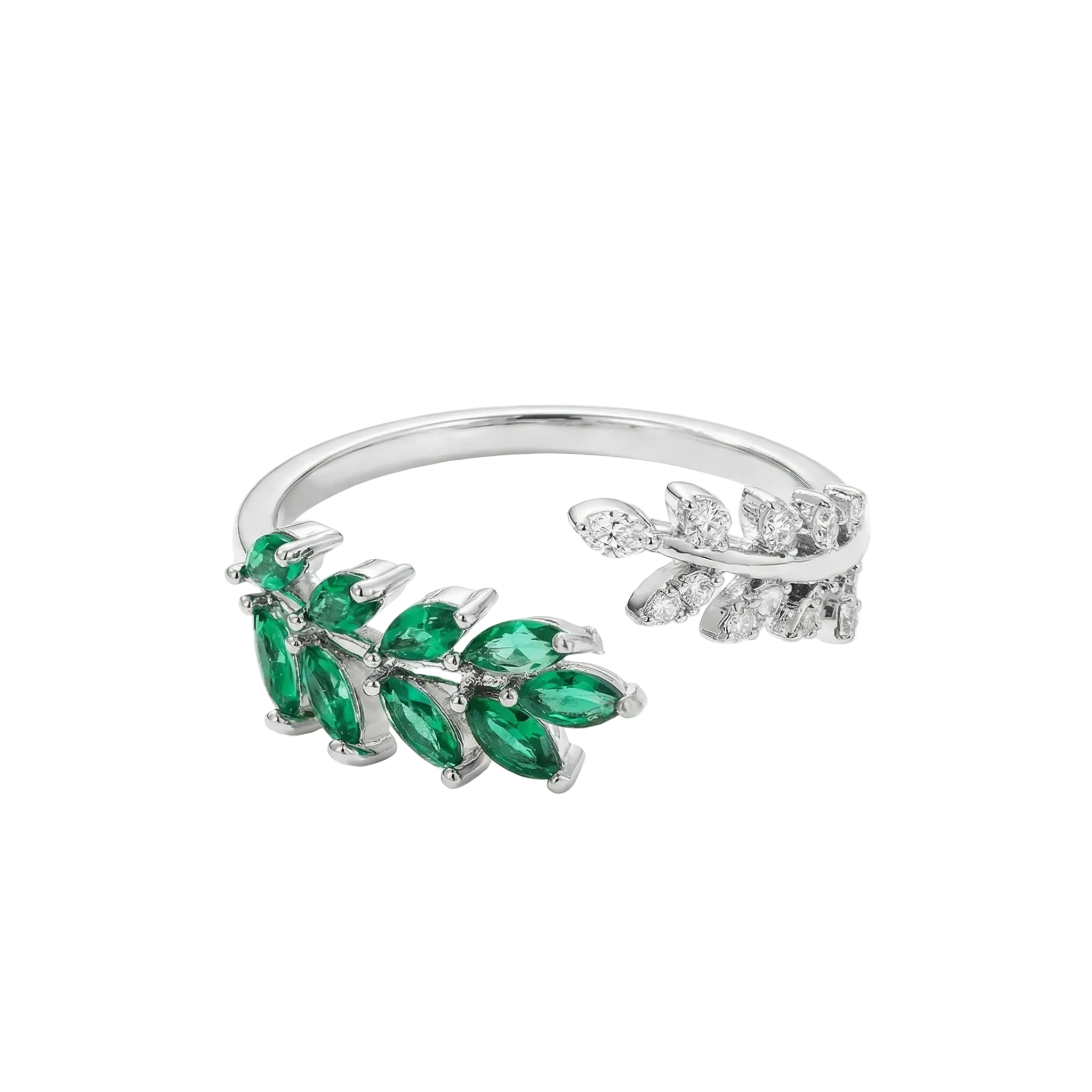 BAGUE OUVERTE BRANCHE FEUILLES PIERRES MARQUISES ÉMERAUDE | ARGENT