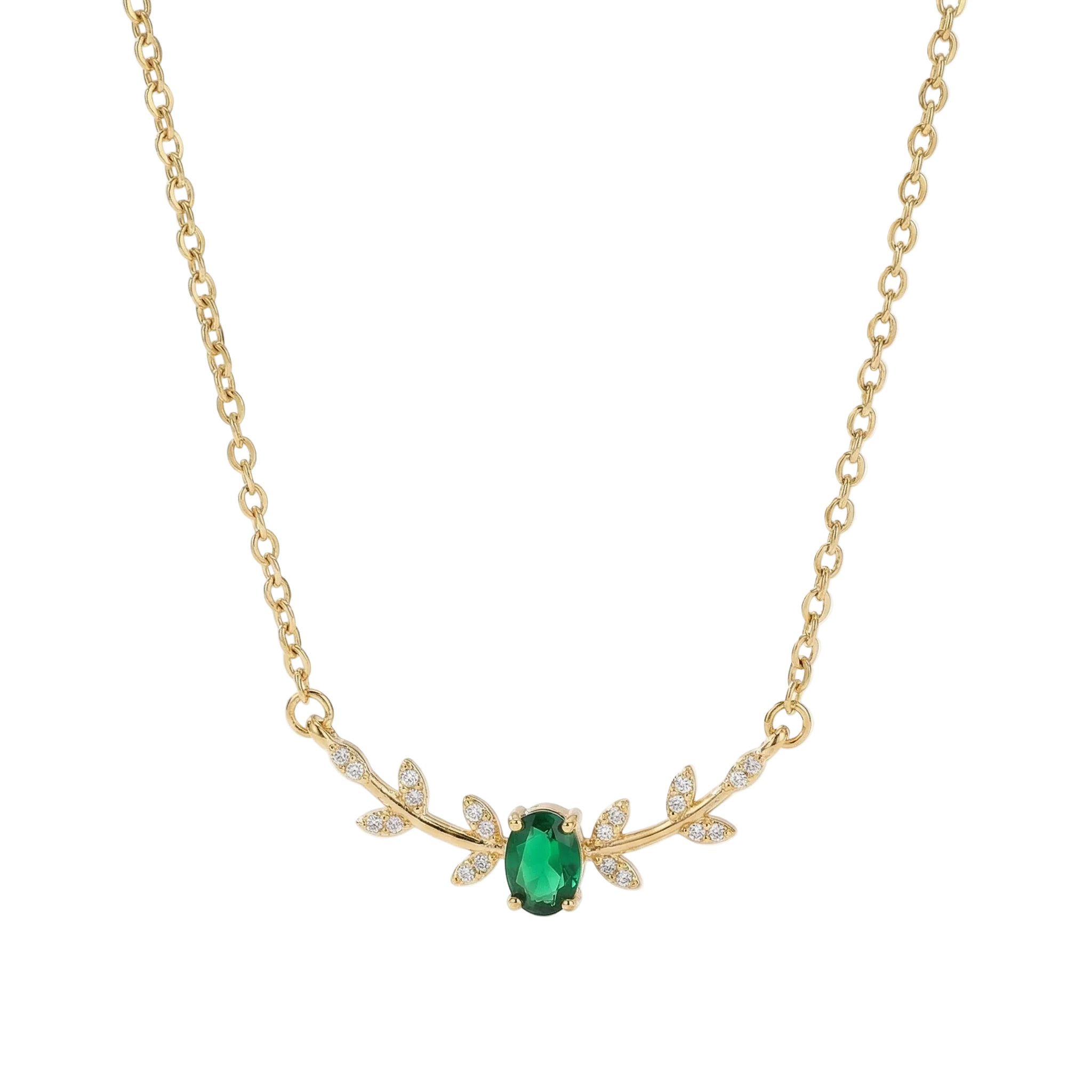 COLLIER CHAÎNE PENDENTIF ÉMERAUDE OVALE ET FEUILLES PAVÉ | OR