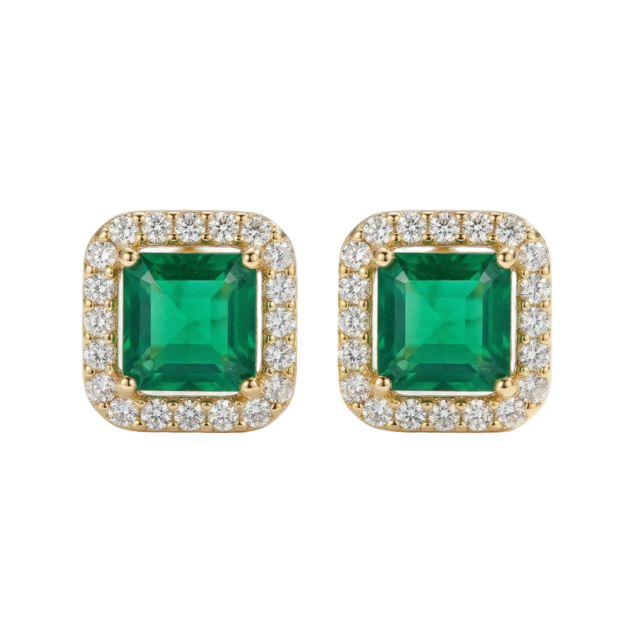 CLOUS D'OREILLES ÉMERAUDE CARRÉE HALO PAVÉ | OR