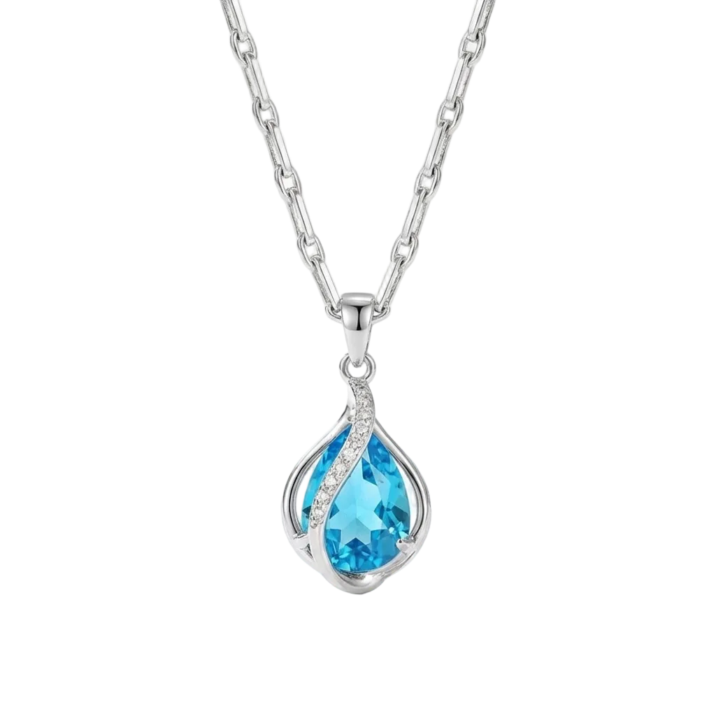 COLLIER PENDENTIF GOUTTE TOPAZE BLEUE ENVELOPPE PAVÉ | ARGENT