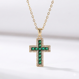 Solene Emerald Cross Pendant Gold Necklace