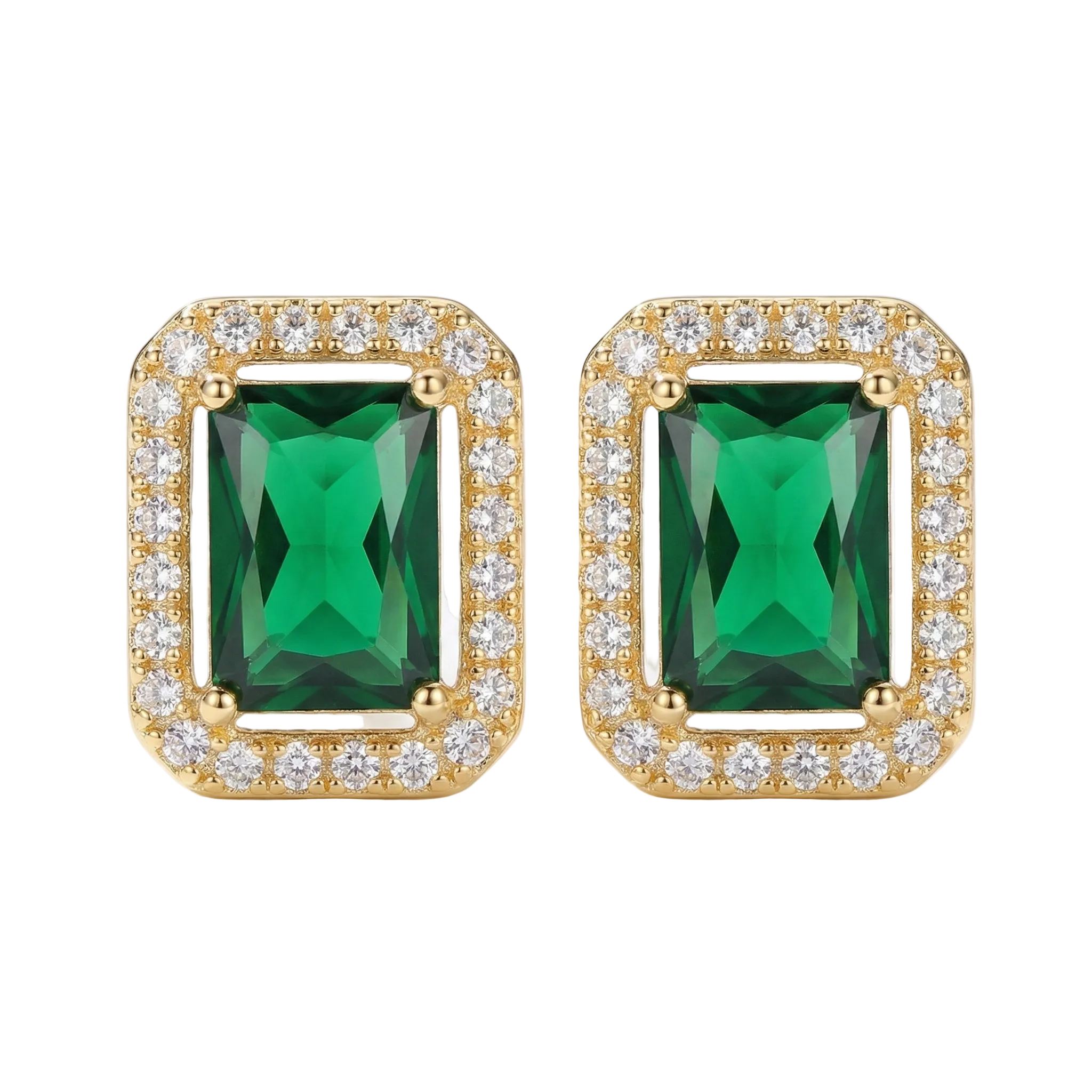 CLOUS D'OREILLES ÉMERAUDE RECTANGULAIRE HALO PAVÉ | OR