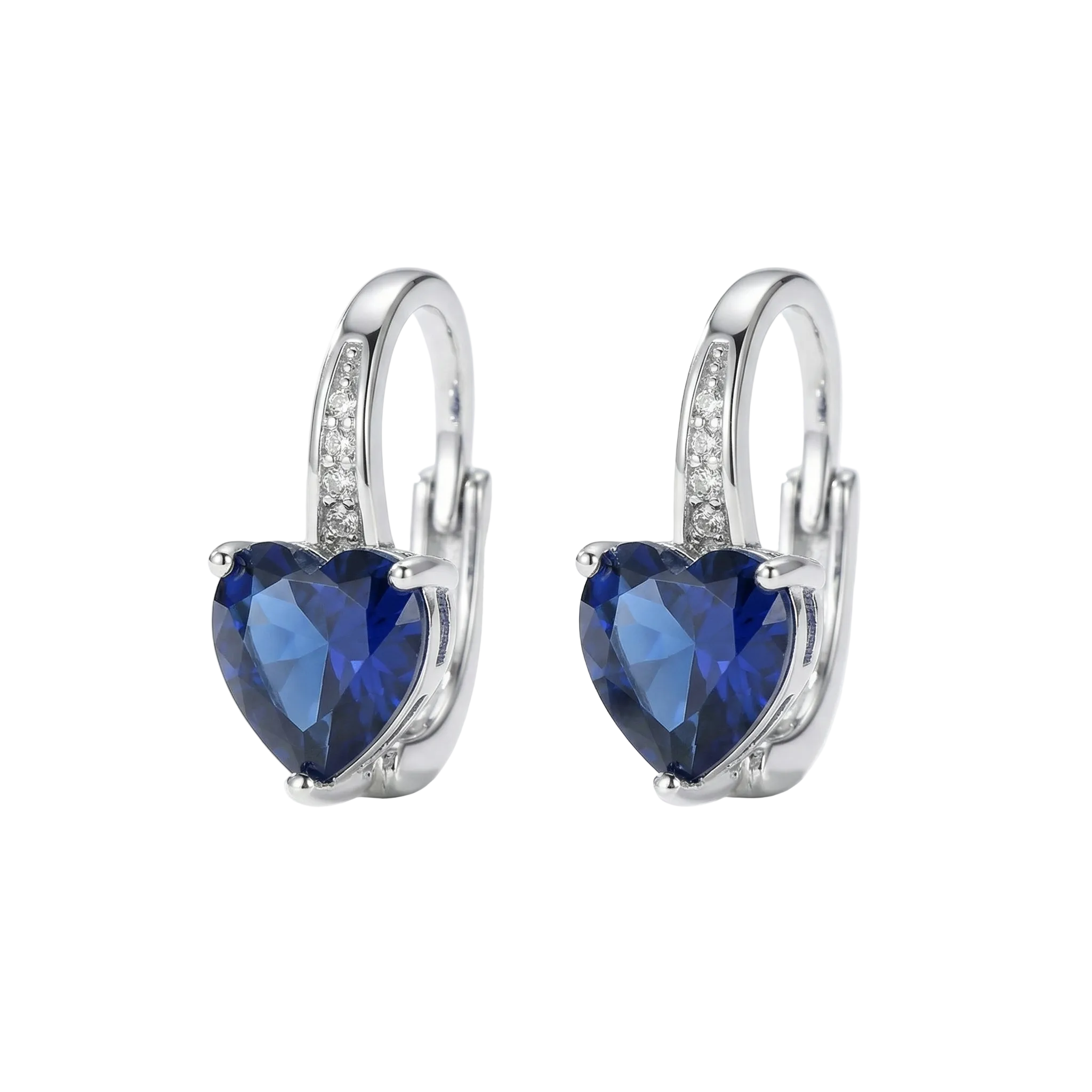 BOUCLES PENDANTES CŒUR SAPHIR BLEU CRÉOLE PAVÉ | ARGENT