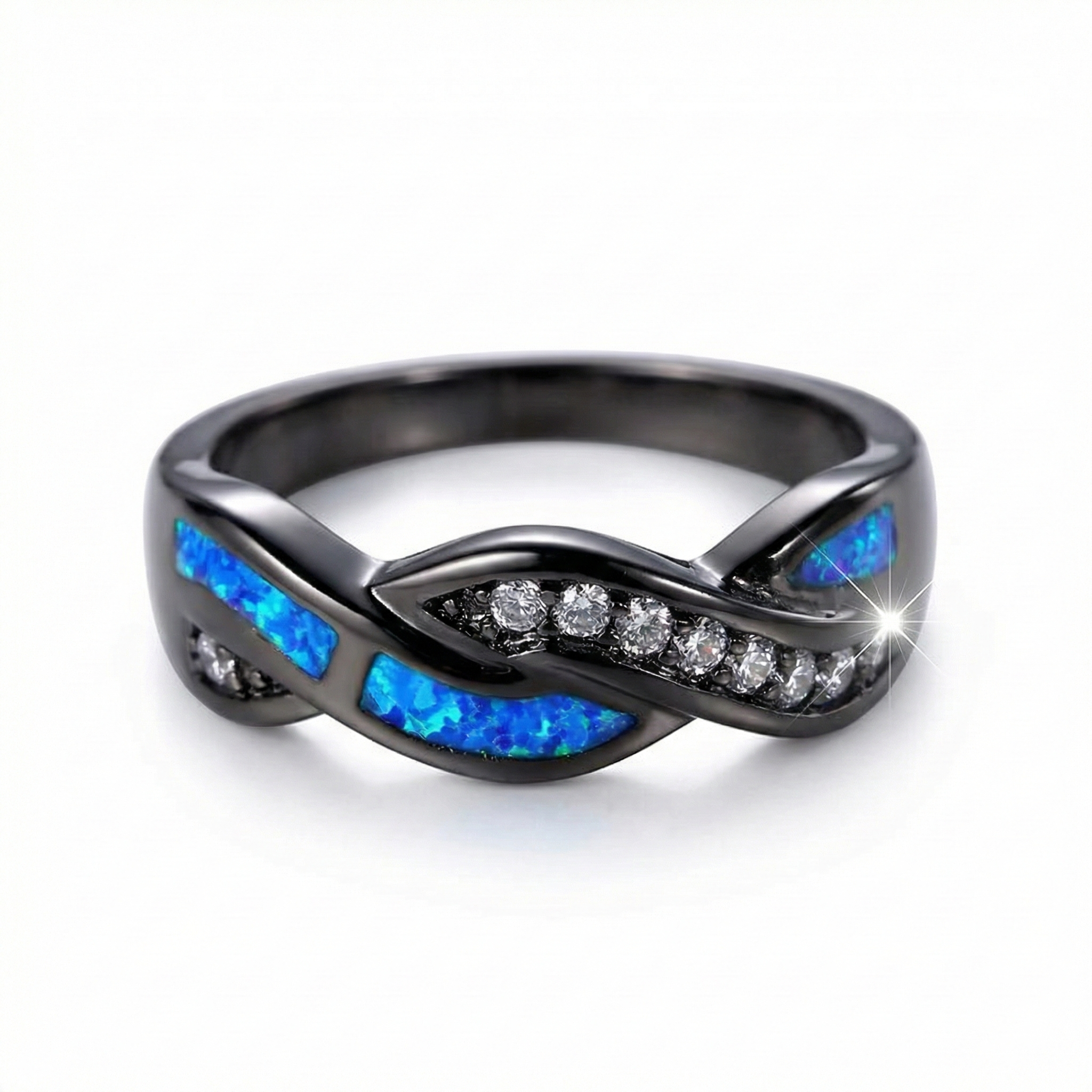BAGUE TORSADÉE OPALE BLEUE ET ZIRCONE | NOIR