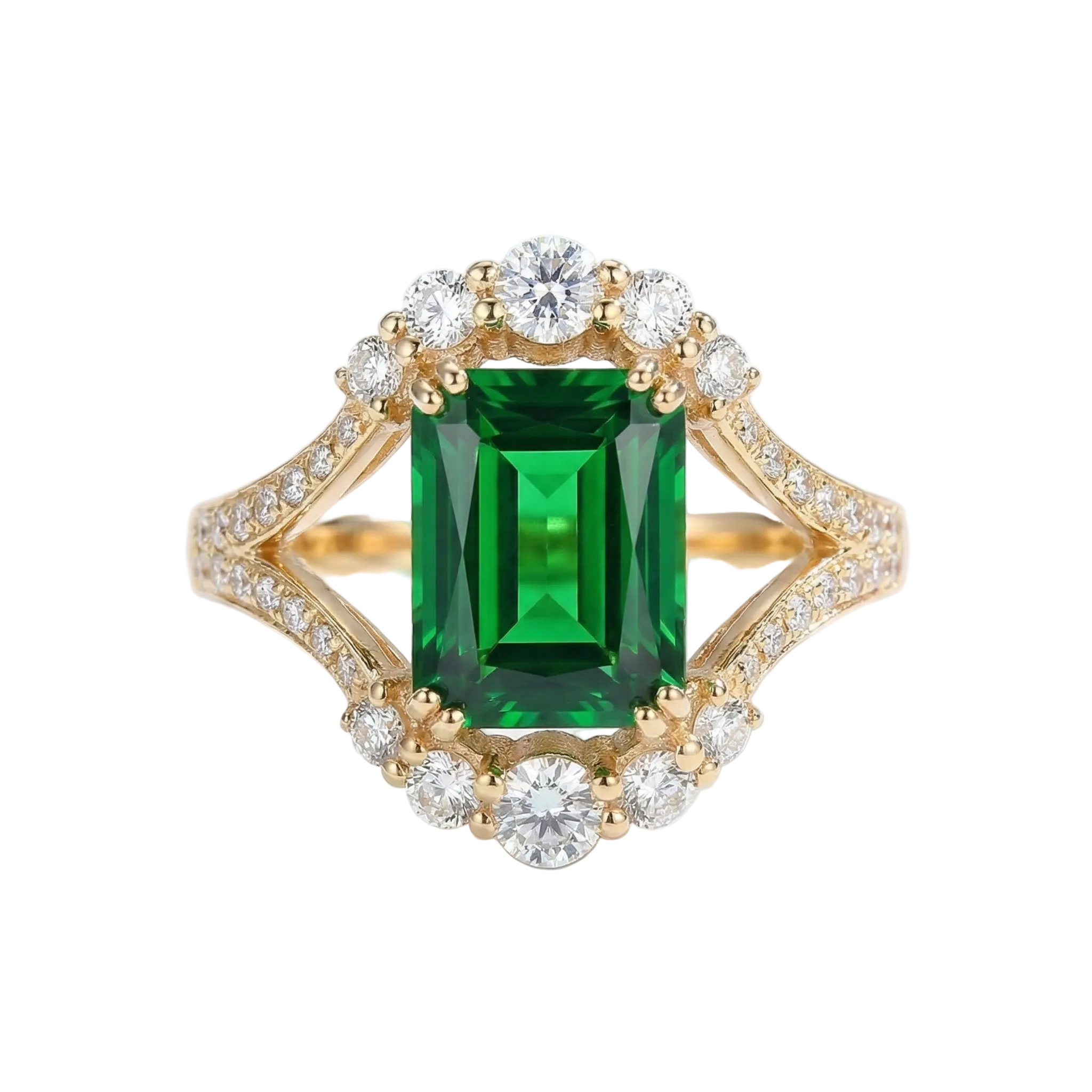 BAGUE COCKTAIL ÉMERAUDE RECTANGULAIRE HALO PAVÉ VINTAGE | OR