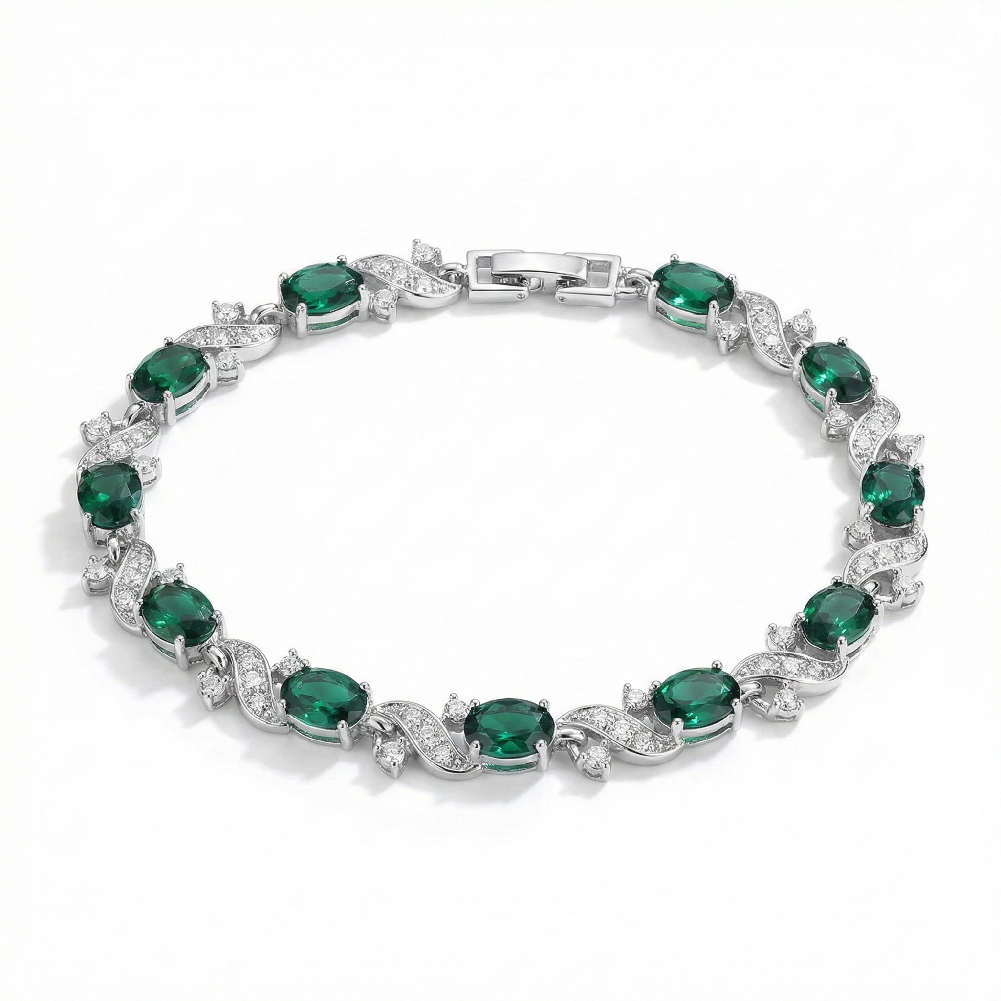 BRACELET TENNIS PIERRES OVALES ÉMERAUDE ENTRELACS PAVÉ | ARGENT
