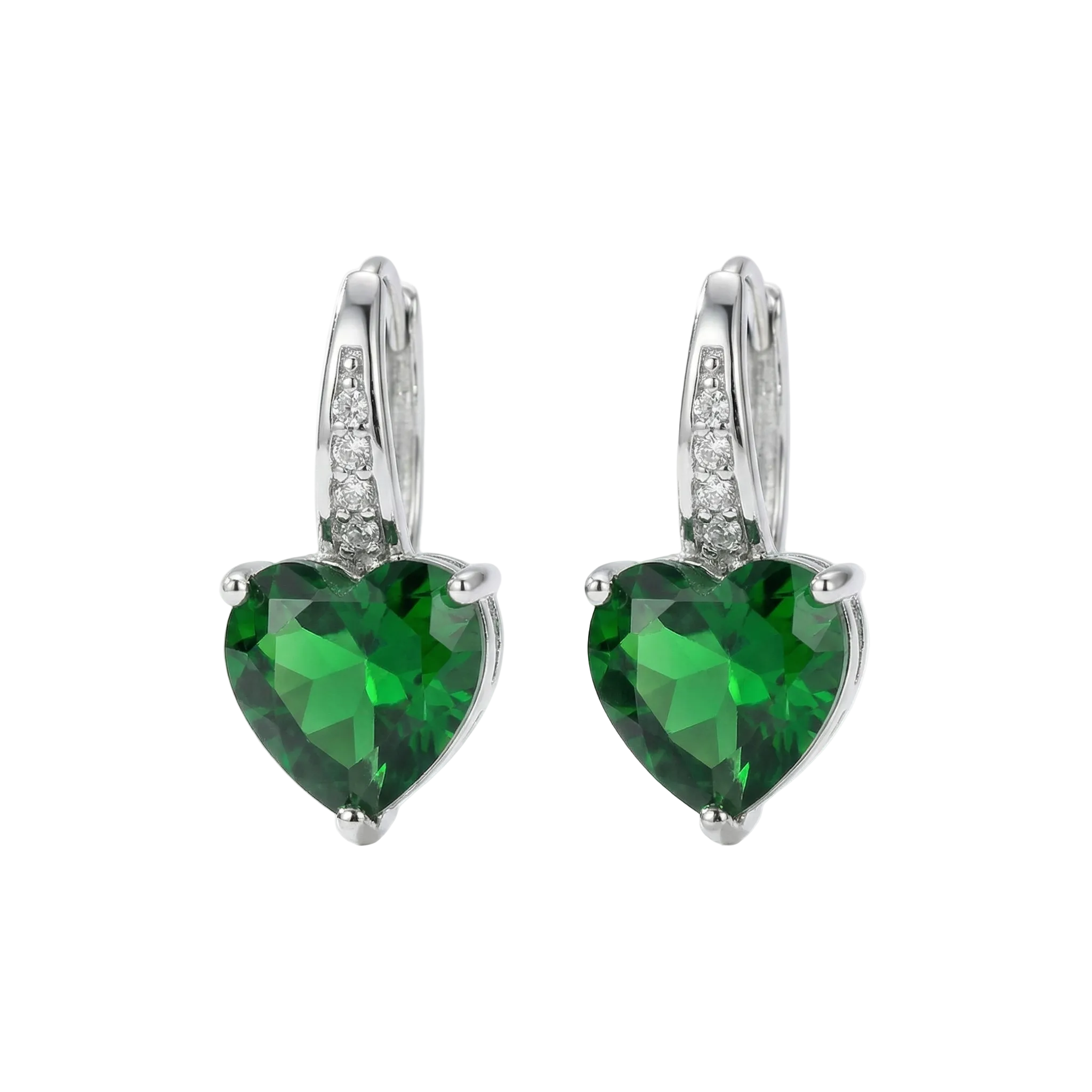 BOUCLES PENDANTES CŒUR ÉMERAUDE CRÉOLE PAVÉ | ARGENT