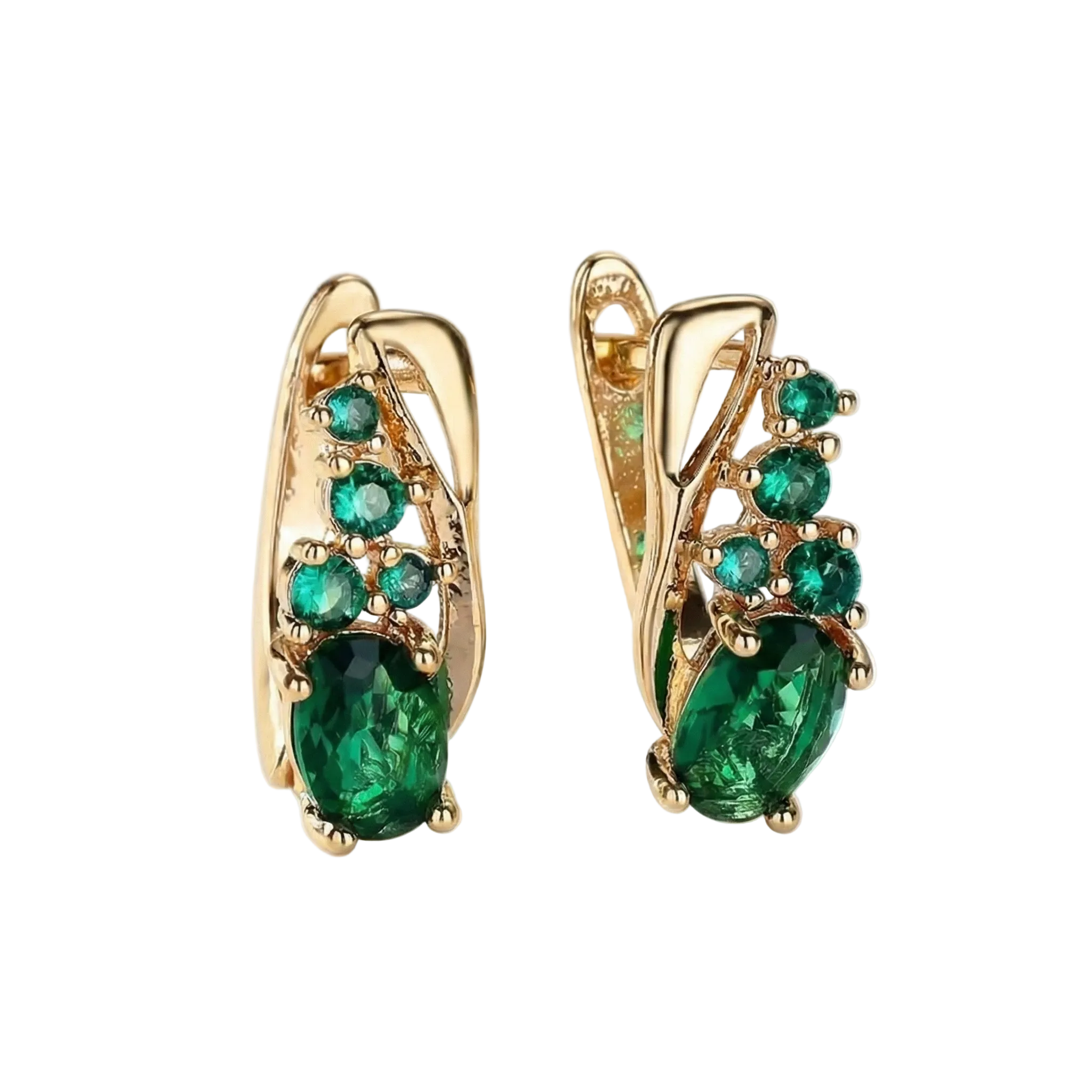 BOUCLES PENDANTES GRAPPE ÉMERAUDE OVALE PIERRES RONDES | OR