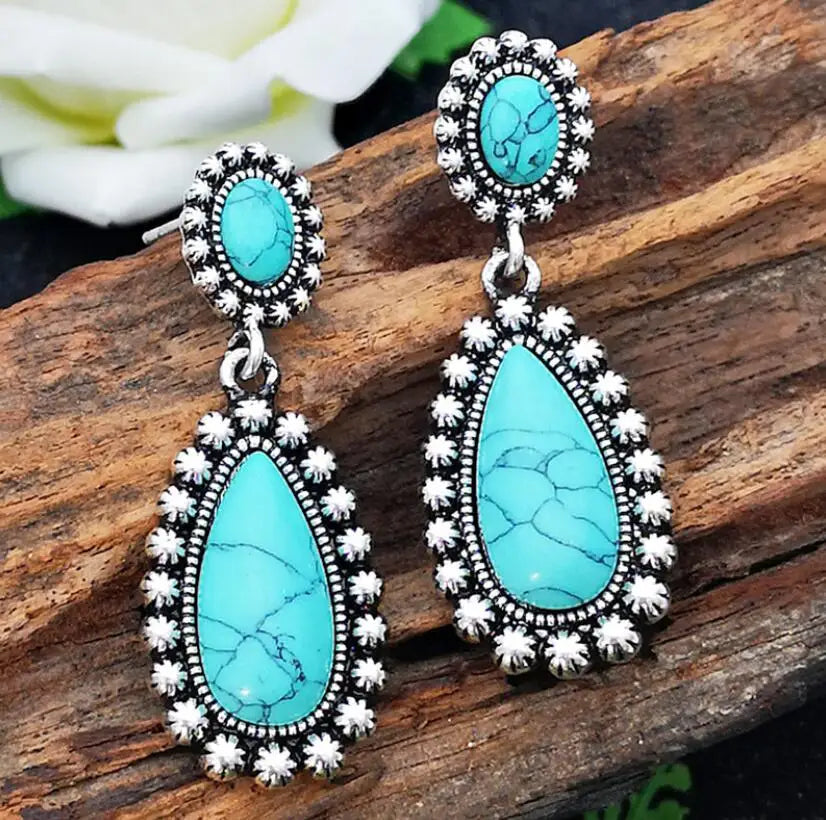 BOUCLES D'OREILLES ÉLÉGANT VINTAGE ARGENT TON TURQUOISE PENDENTIF