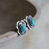 BOUCLES D'OREILLES VINTAGE ARGENT TON TURQUOISE FLEUR CLOU D'OREILLE