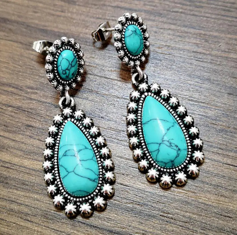 BOUCLES D'OREILLES ÉLÉGANT VINTAGE ARGENT TON TURQUOISE PENDENTIF