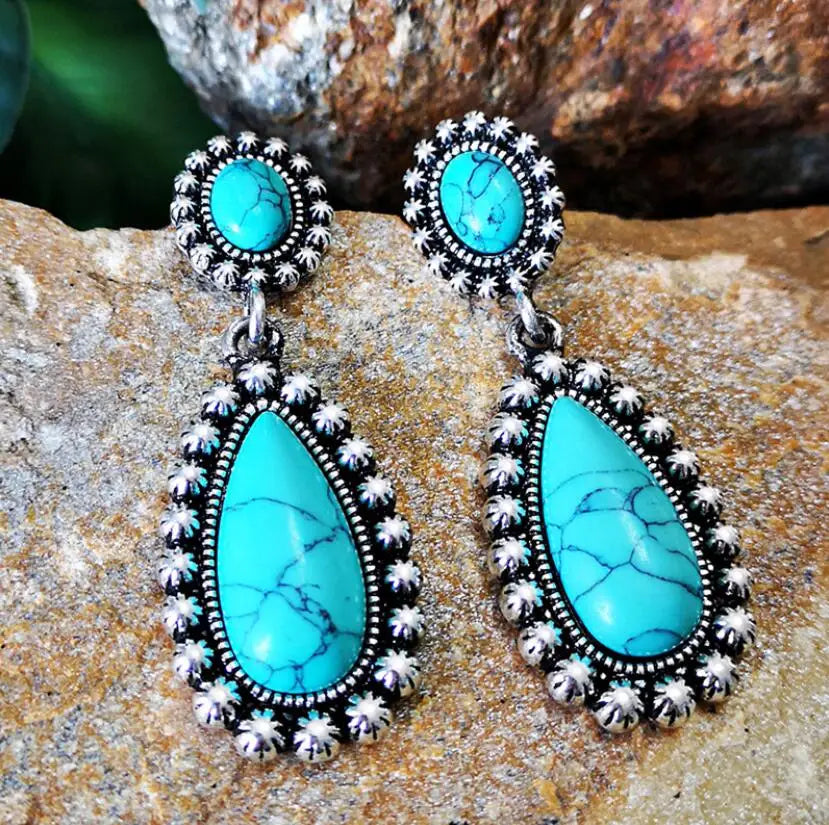 BOUCLES D'OREILLES ÉLÉGANT VINTAGE ARGENT TON TURQUOISE PENDENTIF