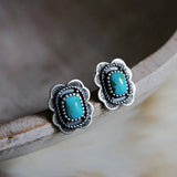 BOUCLES D'OREILLES VINTAGE ARGENT TON TURQUOISE FLEUR CLOU D'OREILLE