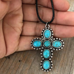 Bohemian Retro Silver Tone Turquoise Cross Pendant Necklace