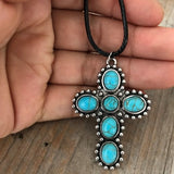 Bohemian Retro Silver Tone Turquoise Cross Pendant Necklace