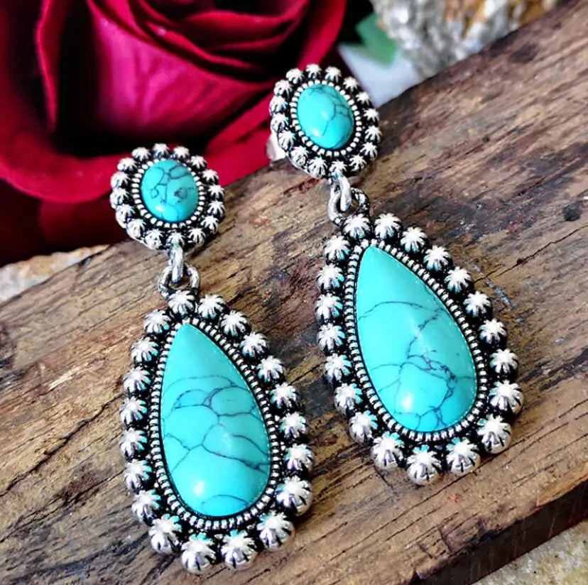 BOUCLES D'OREILLES ÉLÉGANT VINTAGE ARGENT TON TURQUOISE PENDENTIF