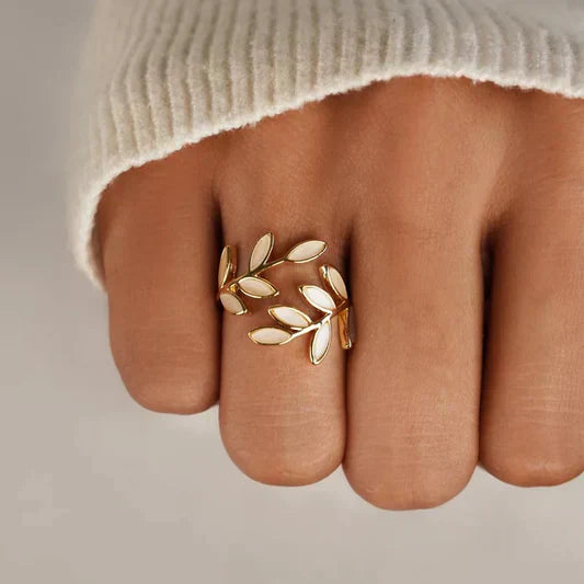 BAGUE BLANC OPALE FEUILLE RÉGLABLE