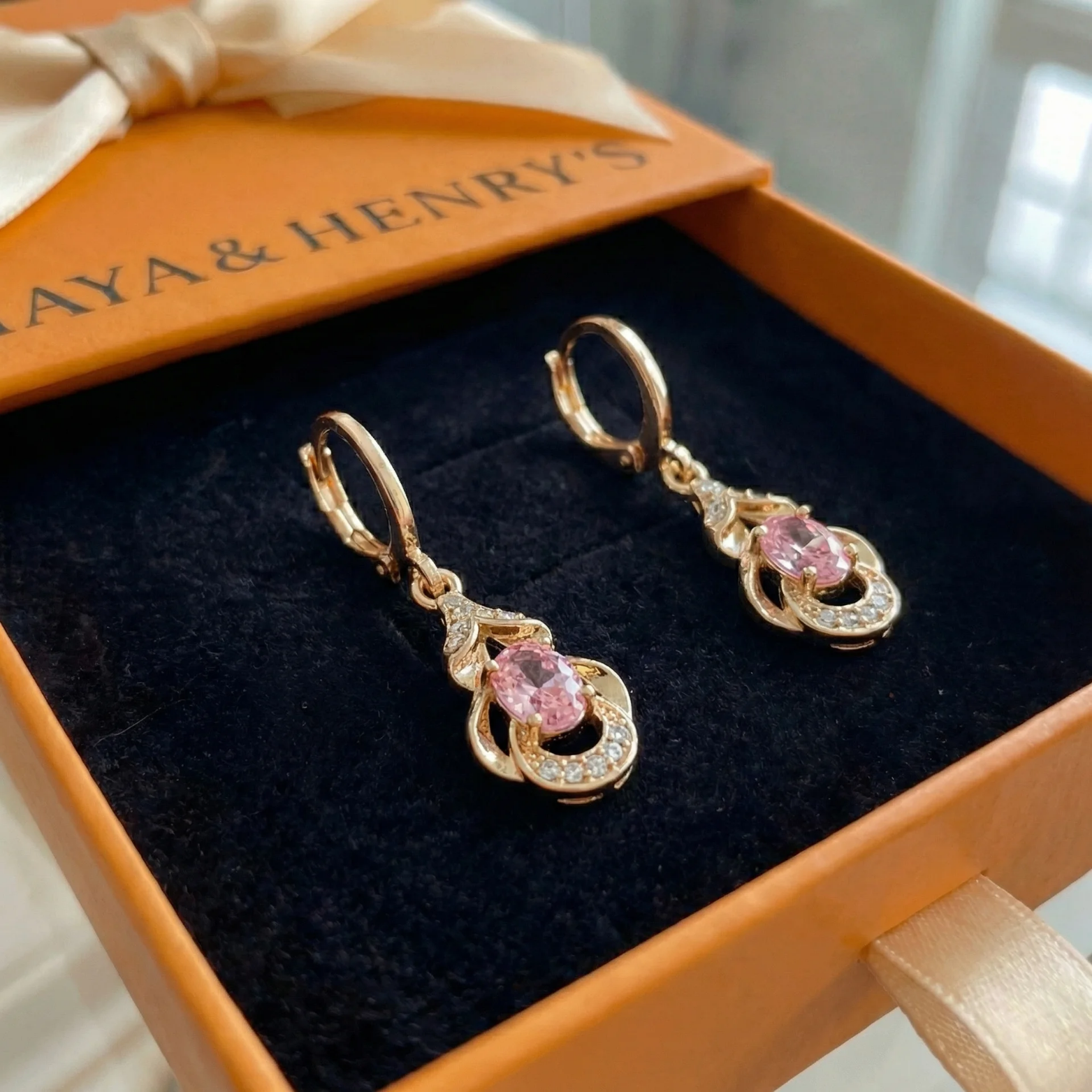 Boucles d'Oreilles Clair de Lune Rose Poudré Goutte | Or Rose