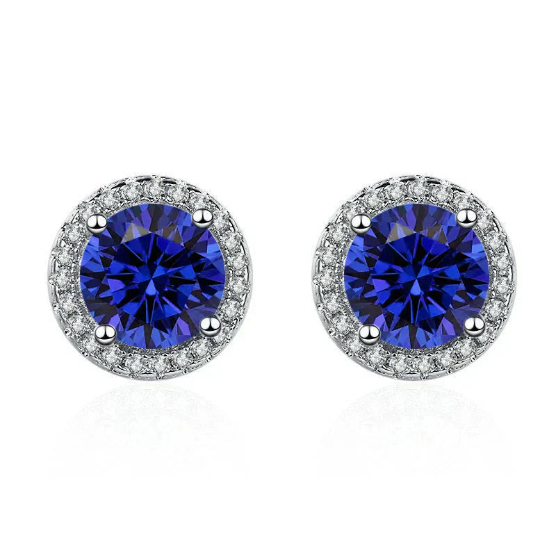 CLOUS D'OREILLES SAPHIR ROND BLEU HALO PAVÉ | ARGENT