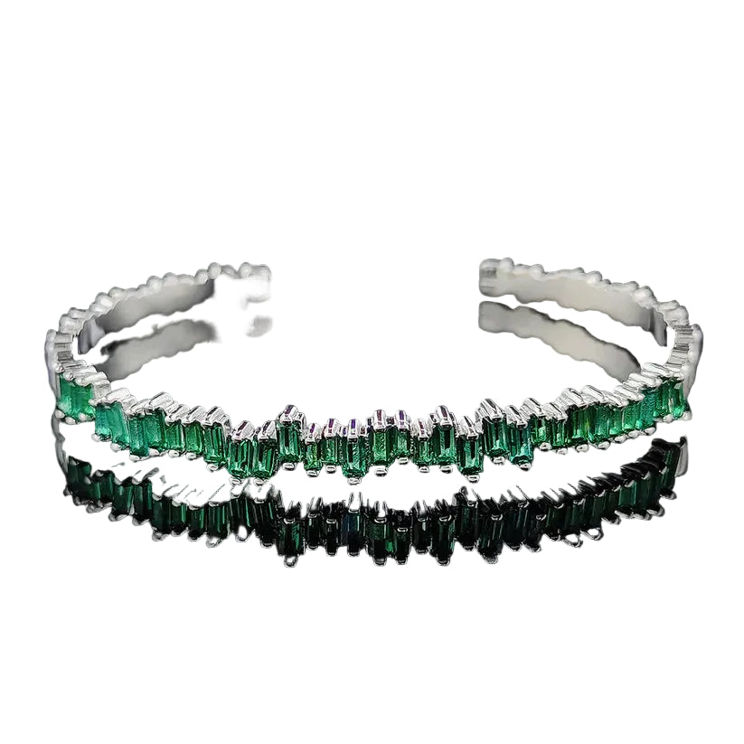 BRACELET OUVERT BAGUETTE ÉMERAUDE PAVÉ | ARGENT