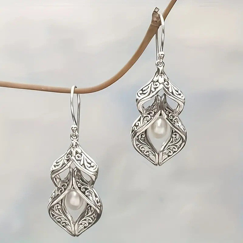 Boucles d'Oreilles Vintage Bohème Sculpté Motif Imitation Perle Pendentif
