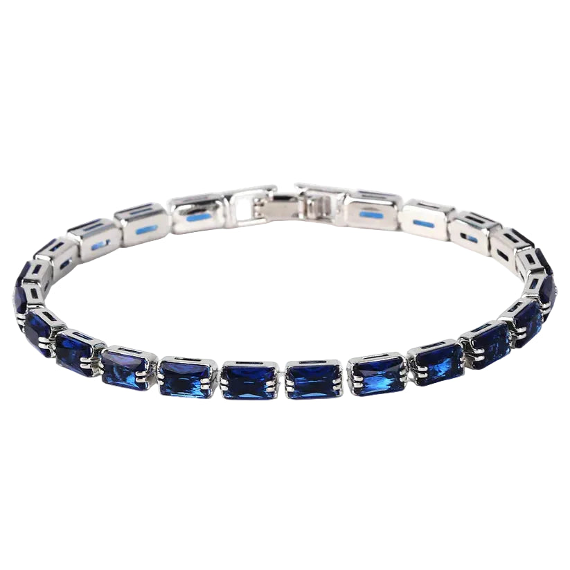 BRACELET TENNIS MAILLONS RECTANGULAIRES ZIRCONE SAPHIR BLEU | ARGENT
