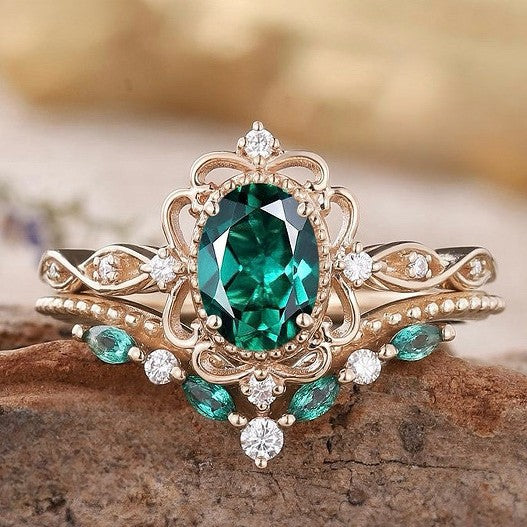 Ensemble Aurelle Émeraude Couronne Bague | Or Rose