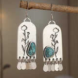 BOUCLES D'OREILLES VINTAGE ARGENT DESIGN TURQUOISE FLORAL FRANGE