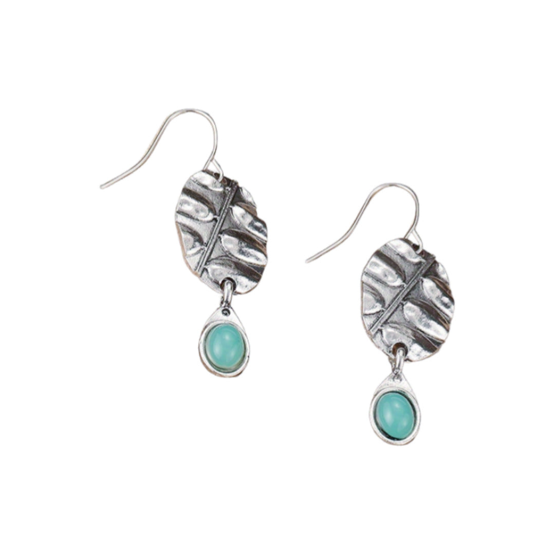 BOUCLES D'OREILLES VINTAGE BOTANIQUE TURQUOISE OVALE FEUILLE GOUTTE