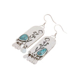 BOUCLES D'OREILLES VINTAGE ARGENT DESIGN TURQUOISE FLORAL FRANGE