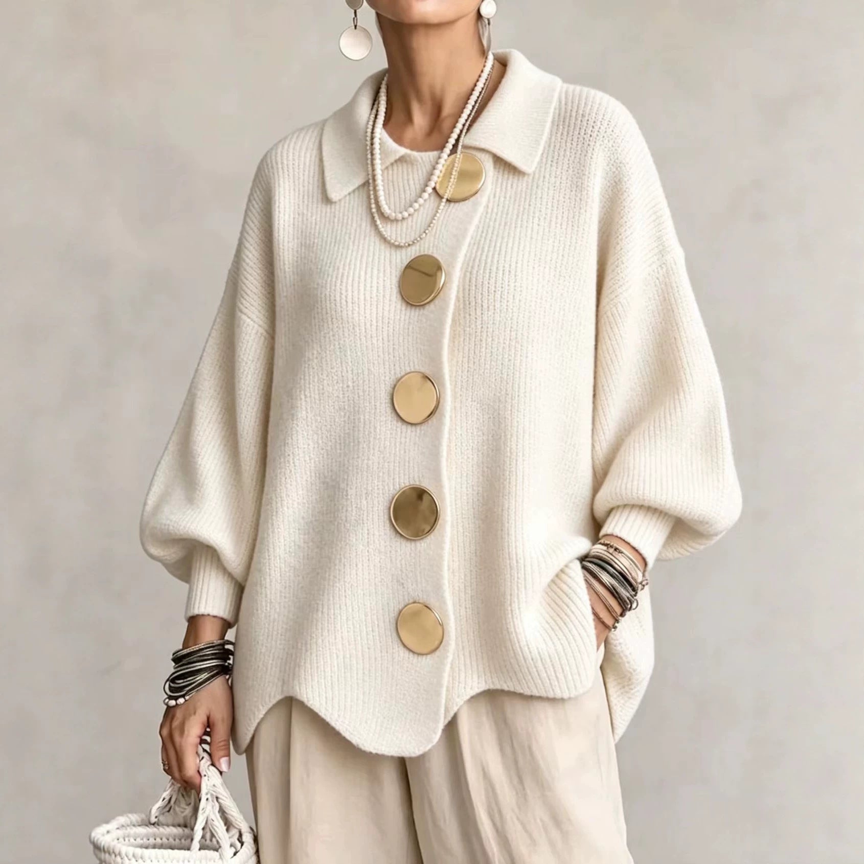 CARDIGAN FEMME OVERSIZE À COL BOUTONNÉ EN MAILLE CÔTELÉE