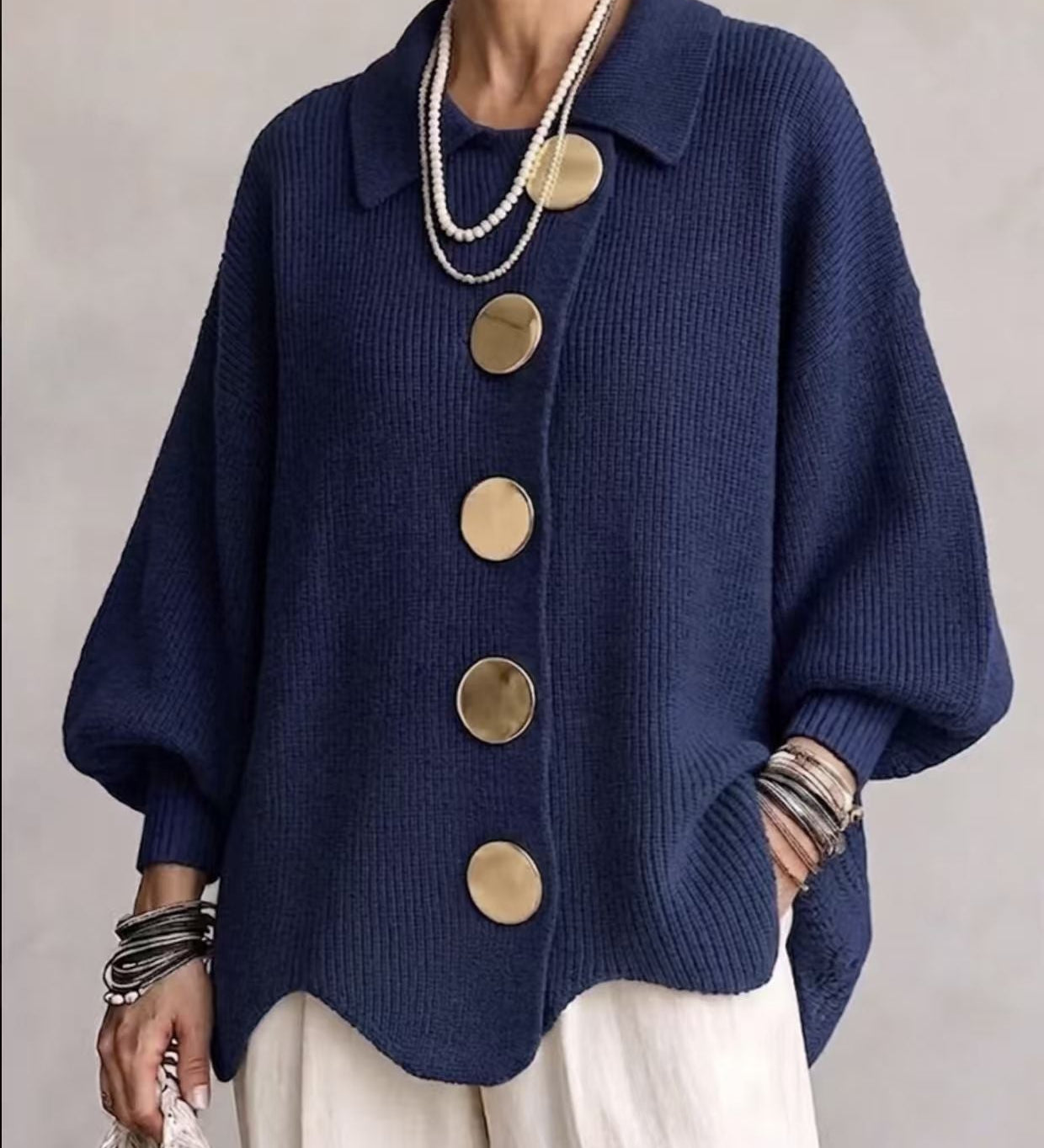CARDIGAN FEMME OVERSIZE À COL BOUTONNÉ EN MAILLE CÔTELÉE