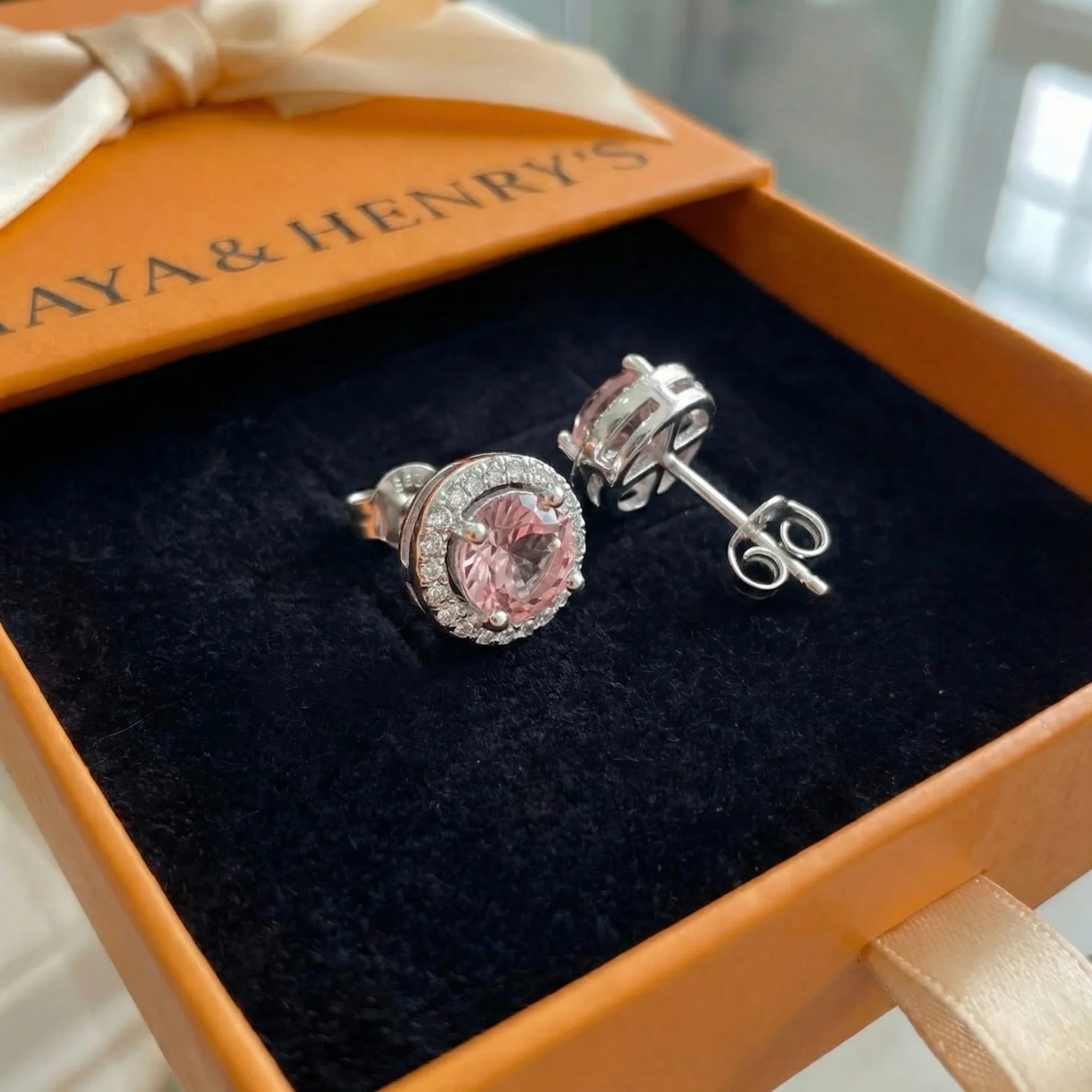Clous d'Oreilles Rose Rond Pavé | Or Blanc
