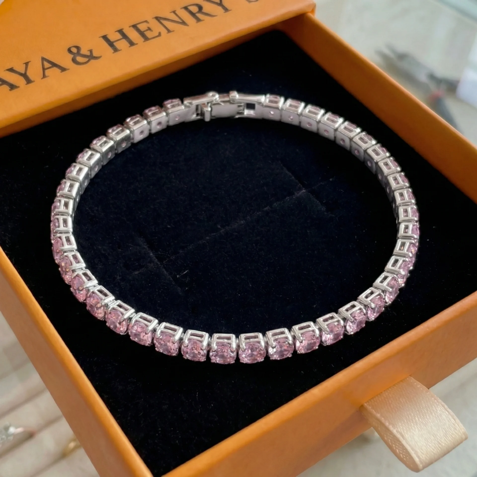 Bracelet Rose Saphir Tennis | Or Blanc
