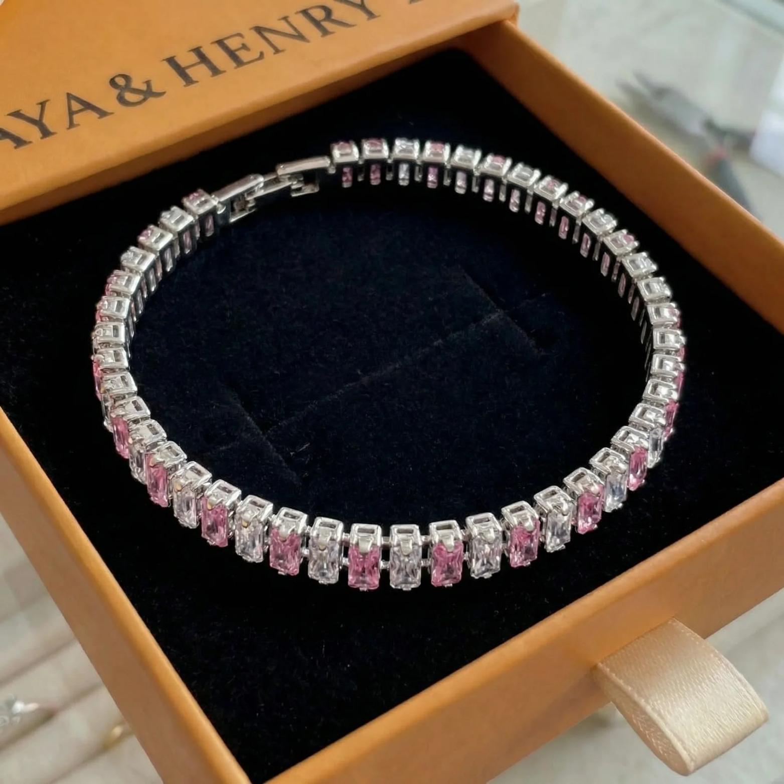 Bracelet Rose Rayure Tennis | Or Blanc