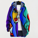 DORINA | VESTE À CAPUCHE IMPRIMÉ ARTISTIQUE BLEU ET ROUGE