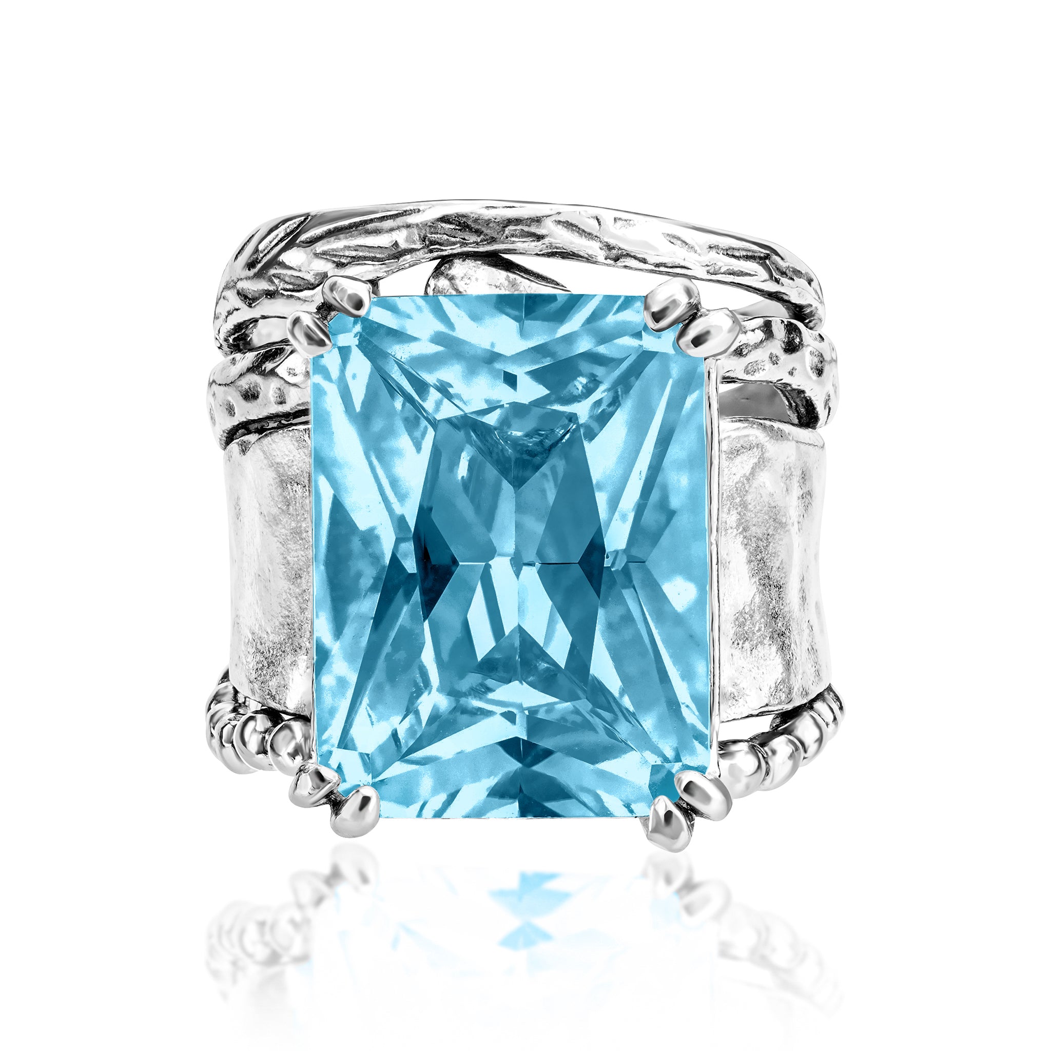 Bold Sterling Silver Octagon Aquamarine CZ Ring