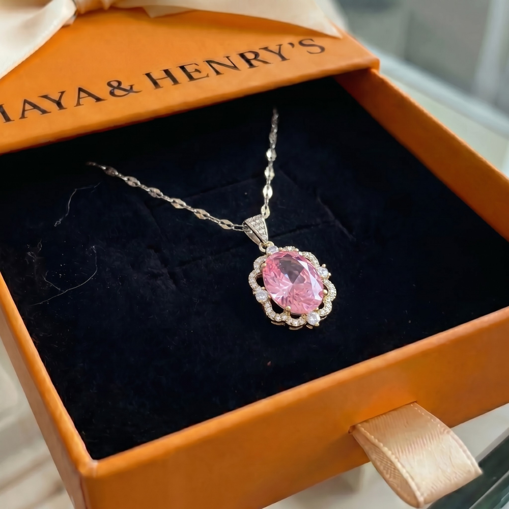 Collier Rose Ovale Couronne Halo | Or Blanc