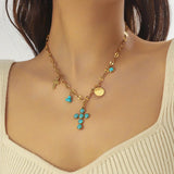 COLLIER EXCLUSIF INOXYDABLE ACIER TURQUOISE CROIX