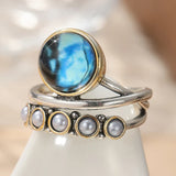BAGUE OCÉAN BLEU NACRE D'ABALONEETPERLE À EMPILER