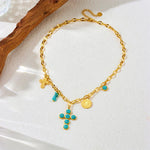 COLLIER EXCLUSIF INOXYDABLE ACIER TURQUOISE CROIX