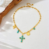 COLLIER EXCLUSIF INOXYDABLE ACIER TURQUOISE CROIX