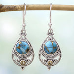 BOUCLES D'OREILLES ARTISANAL TURQUOISE ARGENT GOUTTE