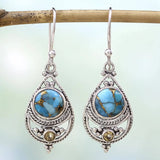 BOUCLES D'OREILLES ARTISANAL TURQUOISE ARGENT GOUTTE