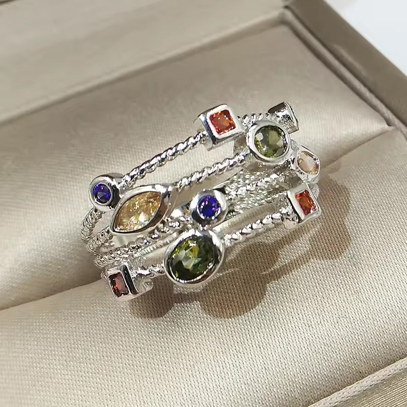 BAGUE VINTAGE VERT VERRE SUPERPOSÉ ARGENT