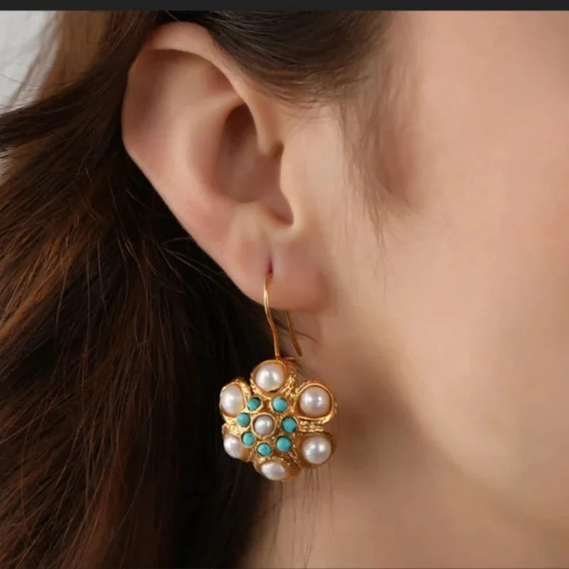BOUCLES D'OREILLES VINTAGE PERLEETTURQUOISE GRAPPE