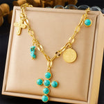 COLLIER EXCLUSIF INOXYDABLE ACIER TURQUOISE CROIX